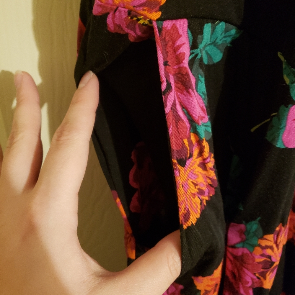 Torrid, Ruffle Jumpsuit, Orange and Pink Floral, Black Jumpsuit, Size 4 - Picture 3 of 4